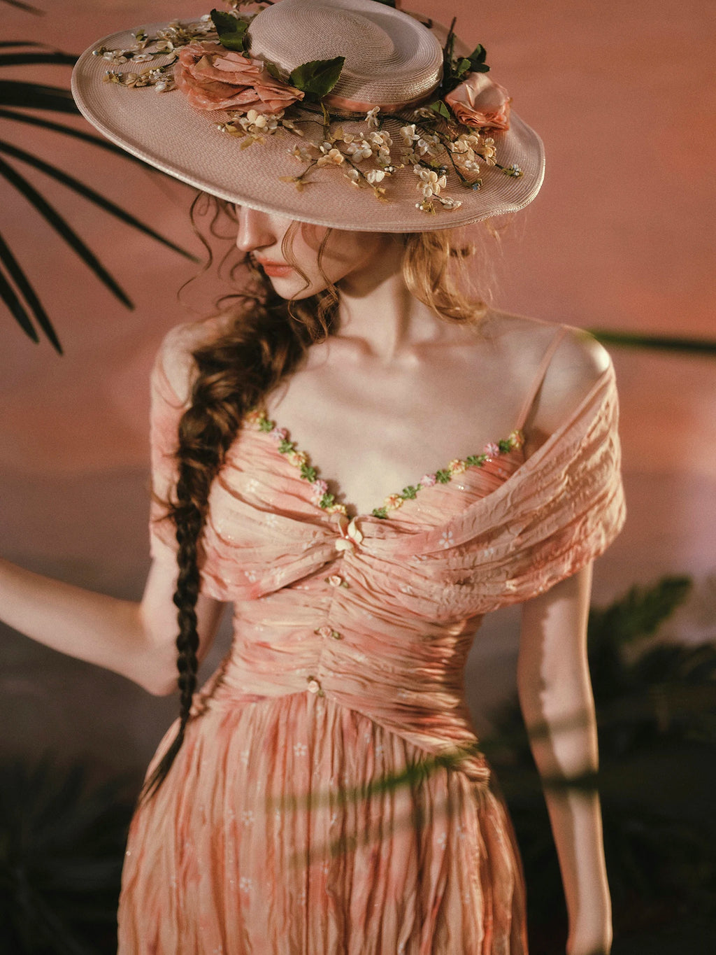 The Caprician Sunset Oil Painting Gown | Coral Shimmer Fairy Skirt | 3/4 Sleeve A-Line Dress | Parisian Princess