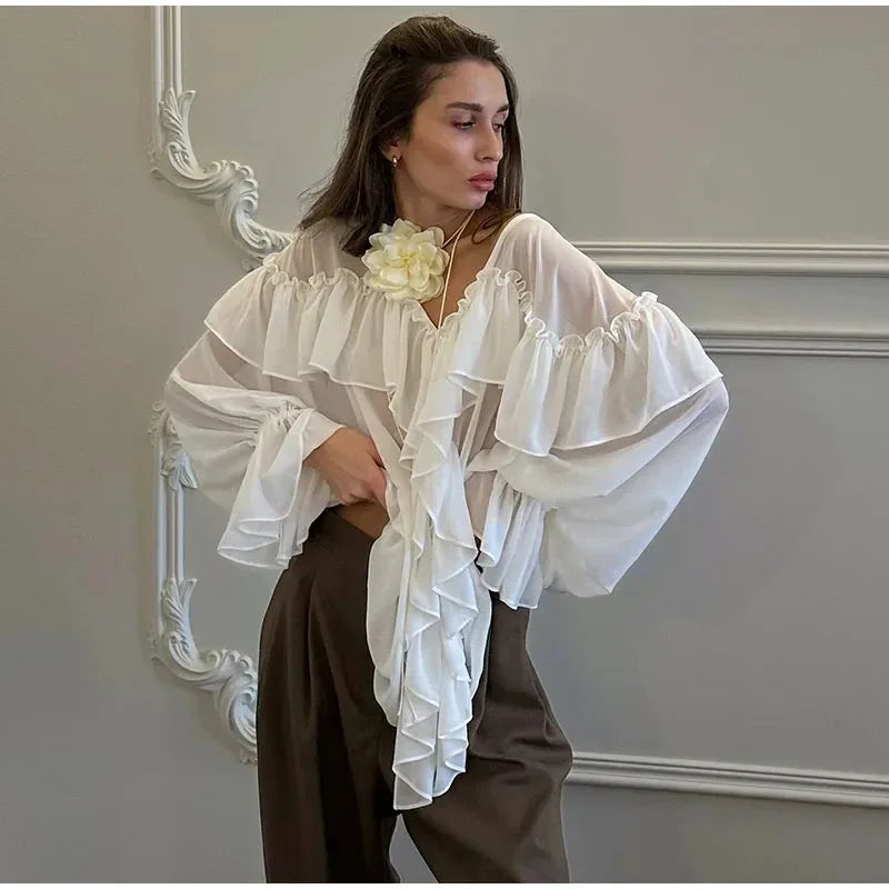 The Éclat Summer Tiered Blouse | French V-Neck Gauze Top | Ethereal Loose Fit Manteau | Parisian Princess