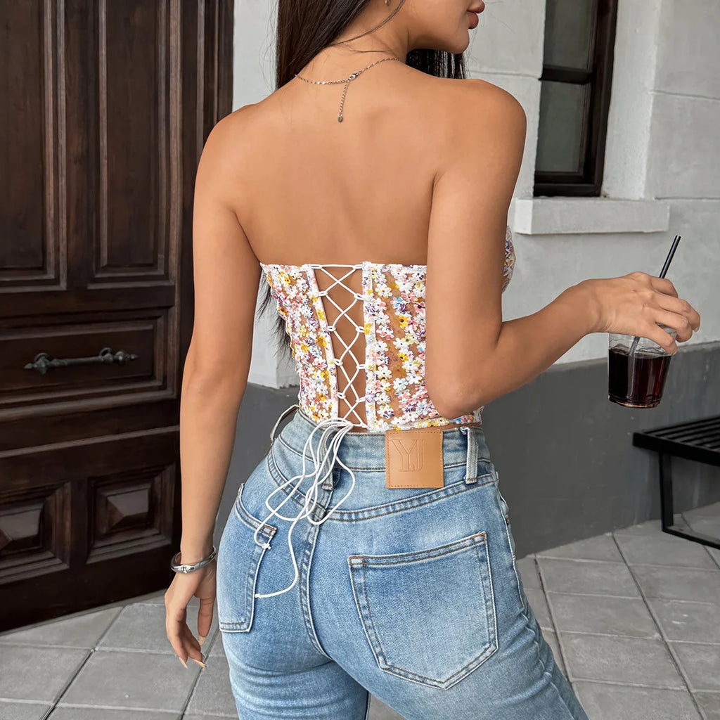 The Versailles Blossom Corset | Floral Hollow-Out Strapless Bustier | Lace-Up Boned Camisole | Parisian Princess