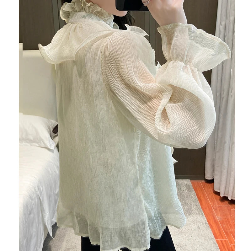 The Versailles Ruffled Chiffon Blouse | Stand Collar Lace Puff Sleeve | French Vintage Shirt | Parisian Princess