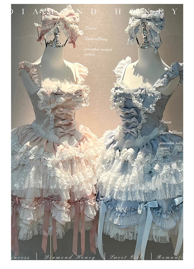 Pink Lolita Princess Dress Women's Bow Lace Heavy Industry Sweet Elegant Birthday Party Evening Dress Lady Suspender Dress Cloak