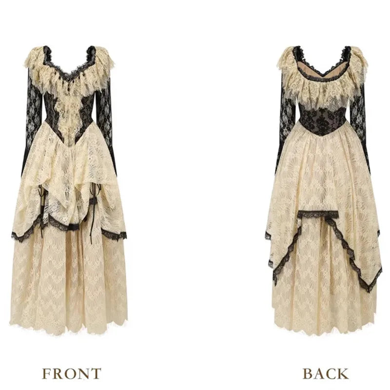 Parisian Lace Maxi Dresses Women Vintage Elegant Slim Luxury Lace Fishbone Dress Birthday Party Evening Dresses