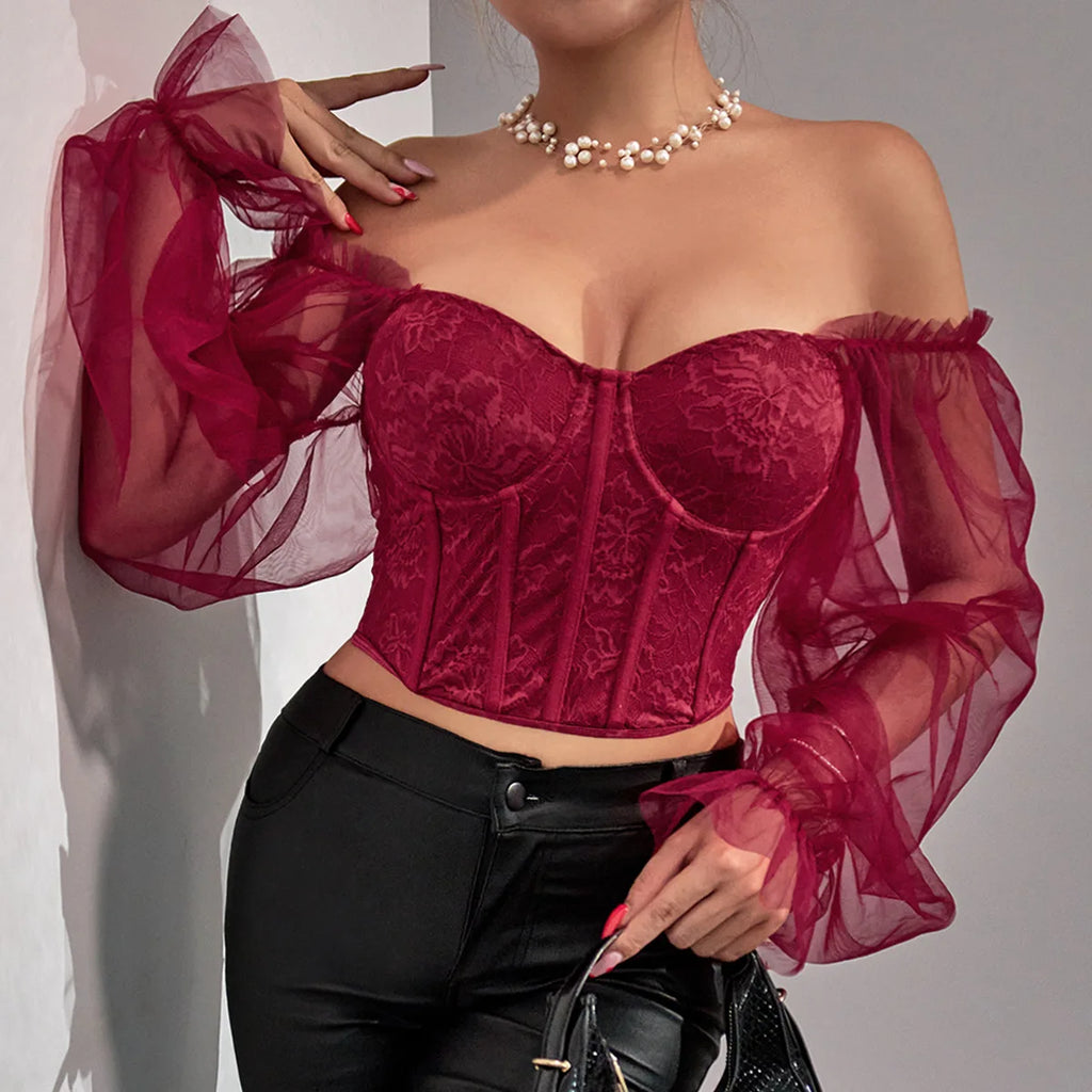 The Midnight Mesh Versailles Corset | Sheer Long Sleeve Bustier | Backless Crop Top | Parisian Princess