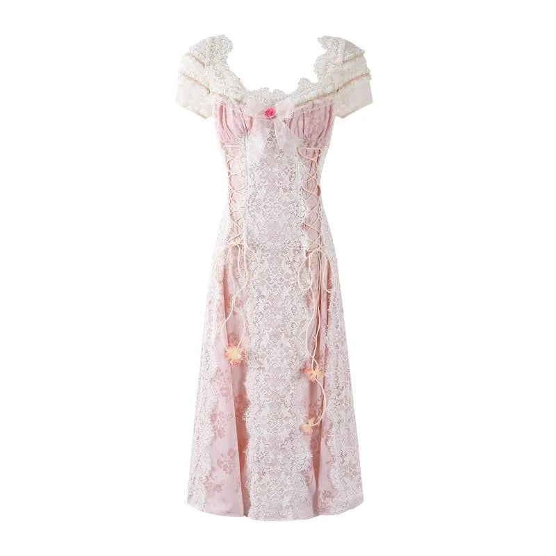 French Fairy Floral Long Party Dress Women Bow Lace-up Puff Sleeves Slim Midi Long Dress Ren Fair Medieval Victorian Costume