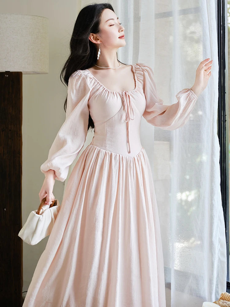 Parisian Cottagecore Vintage Romantic Pink Fairy Dress Woman Retro Victorian Style Solid Square Collar Classic Lady Dresses For Formal Occasion