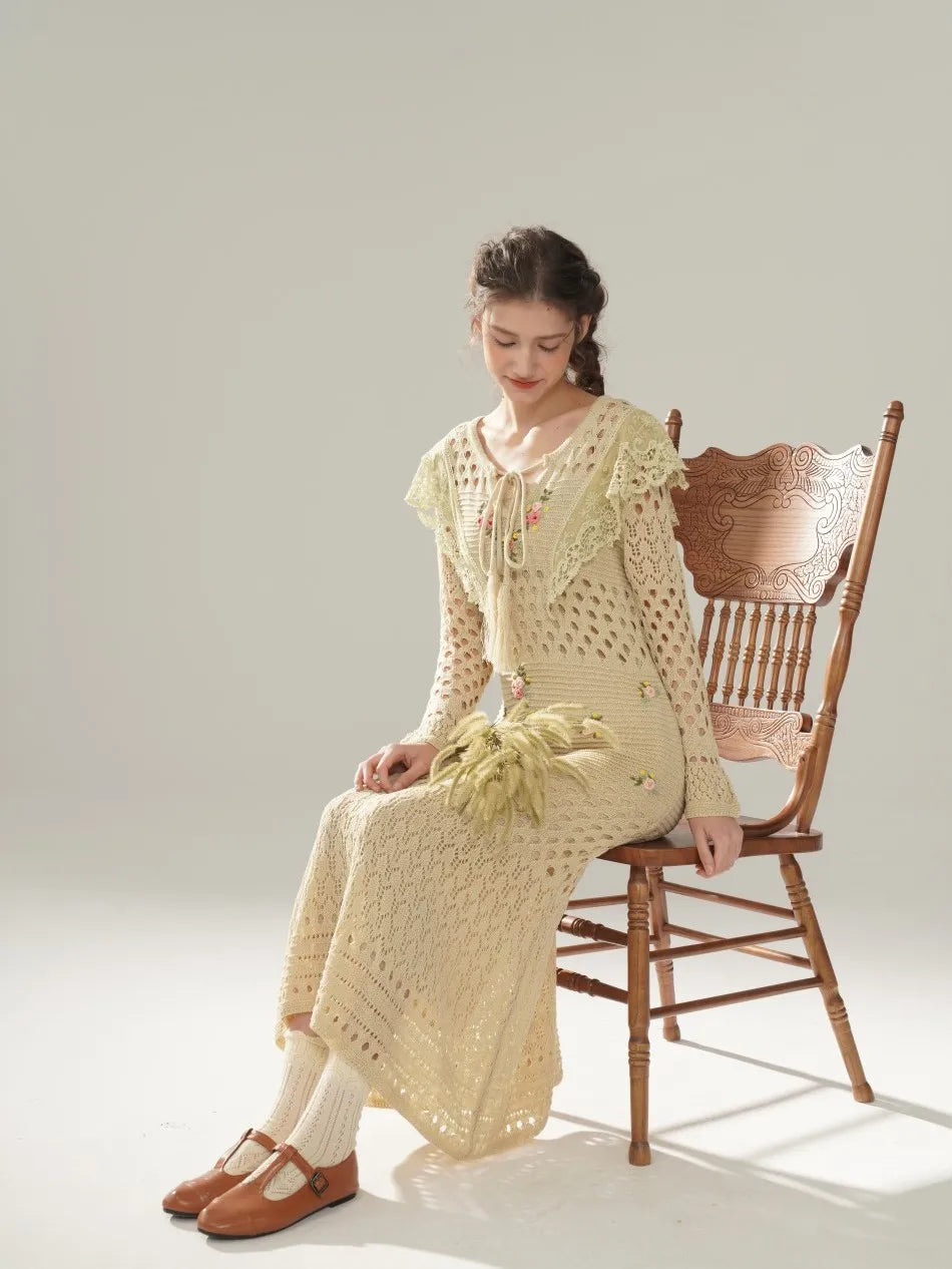 The Versailles Rose Knitted Fishtail | Hand-Embroidered Silk Blend Dress | French V-Neck Gown | Parisian Princess