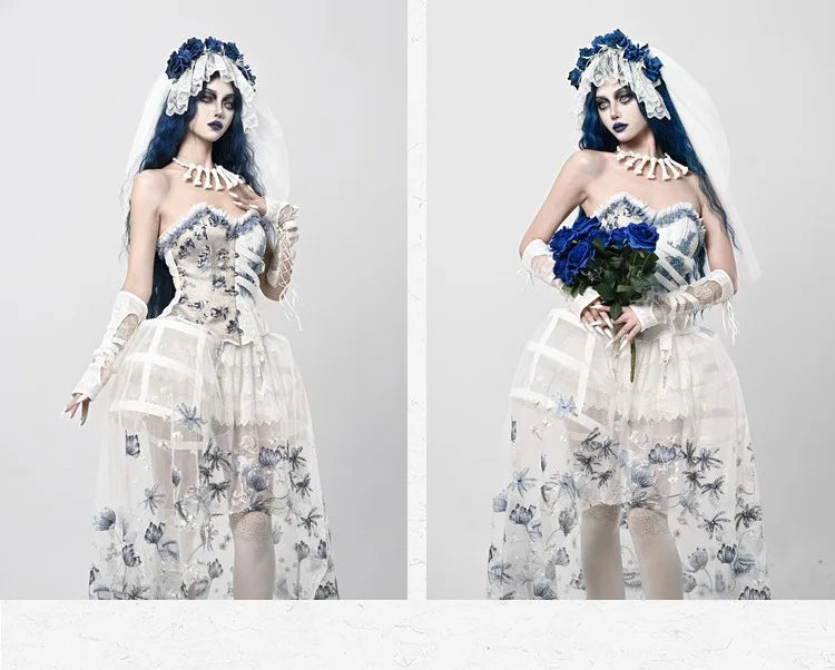Parisian White Gothic Dress Birdcage Tube Emboridery Zombie Bride Slip Dress Palace Holloween Party Dresses Vestido Large