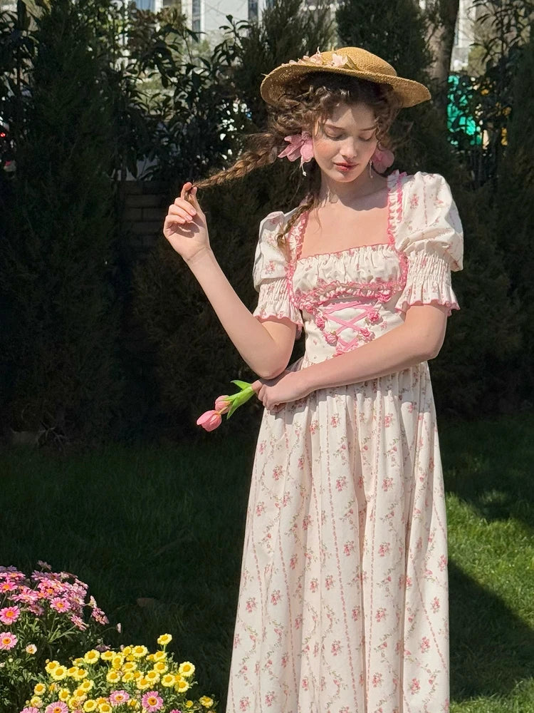 French Long Dress Women Vintage Elegant Slim French Countryside Sweet Floral Dress Soft Comfortable 100%Cotton Dress