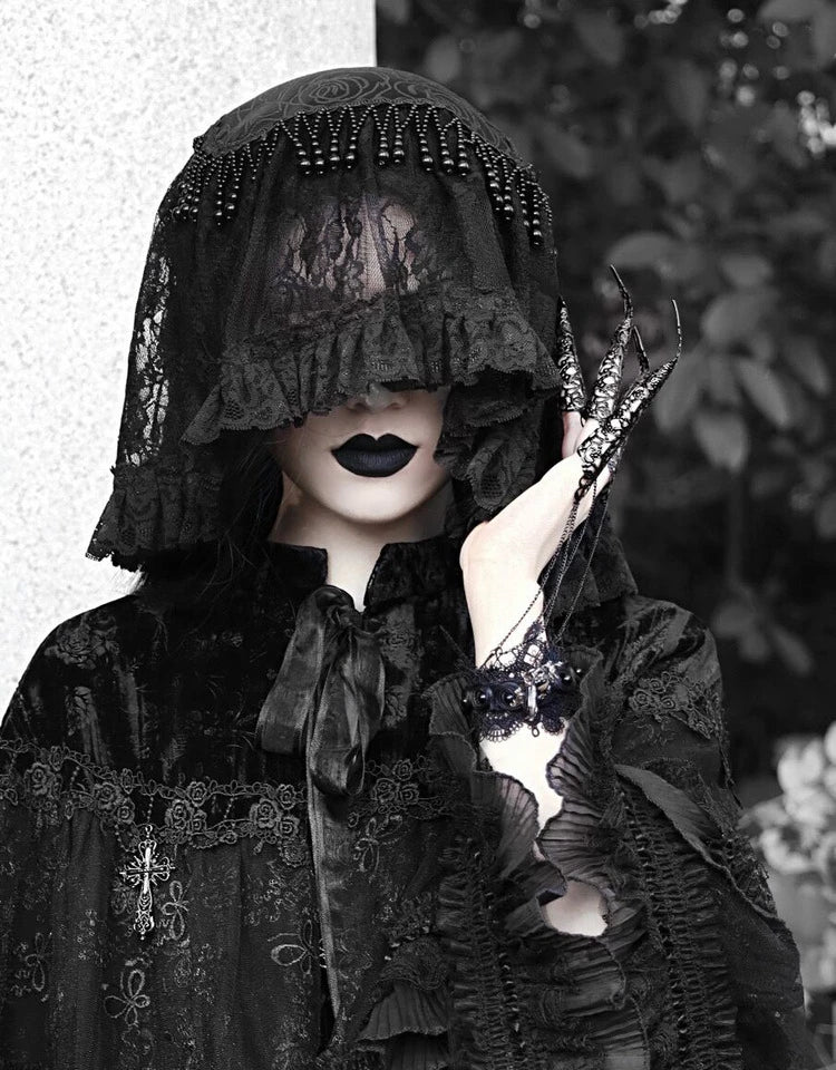The Gothica Classical Noir Headdress | Heavy Lace Covering & Dark Veil Headband | Gothic Novelty Hairband | Parisian Princess