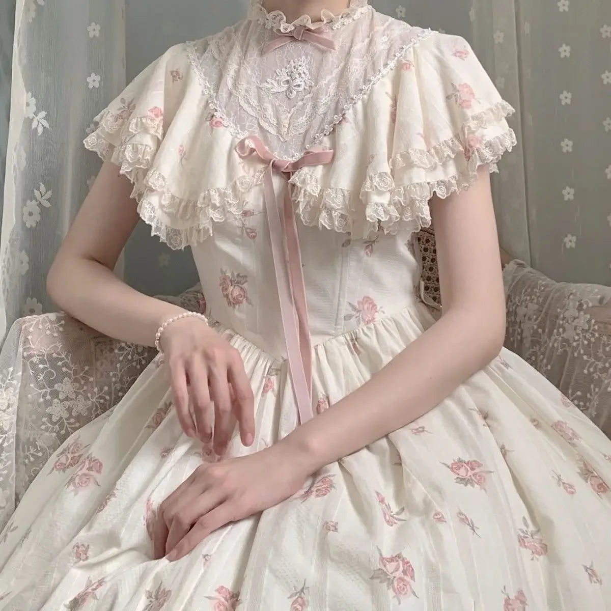 The Chantilly Chateau Floral Mini | Cloak Sleeve Lace Fairy Dress | Parisian Sweet Lolita | Parisian Princess