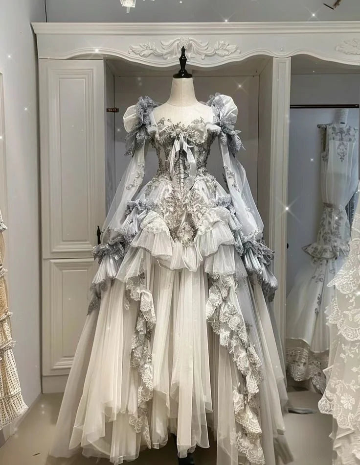 The Margaretha Fantasy Gown (Made to Order)| Parisian Corset Prom Dress | Square Neck Lace Applique Court Gown | Parisian Princess