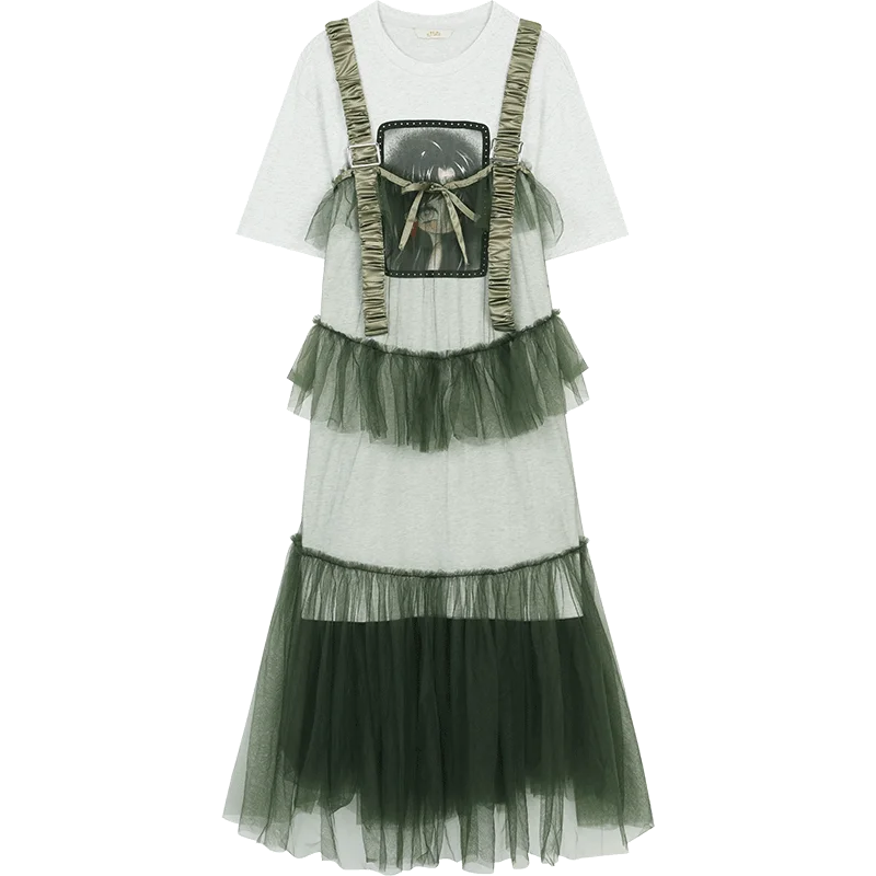 The Toulouse Cotton Lace Dress Set | Sweet Cool Printed T-Shirt & Spliced Maxi | Two-Piece Mesh Dress | Parisian Princess
