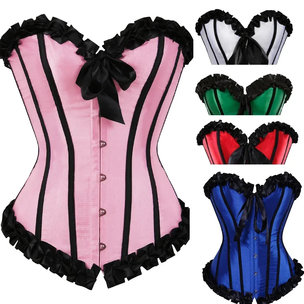Corsets for Women Top Gothic Pleated Trim Corsage Steampunk Vintage Sexy Overbust Bustier Burlesque Carnival Party Clubwear