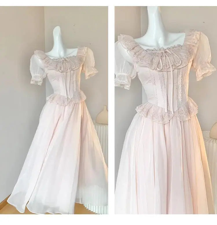 Timeless Signature Parisian Blush Pink Lace Dress French Couture Puff Sleeve Sweet Elegant Max