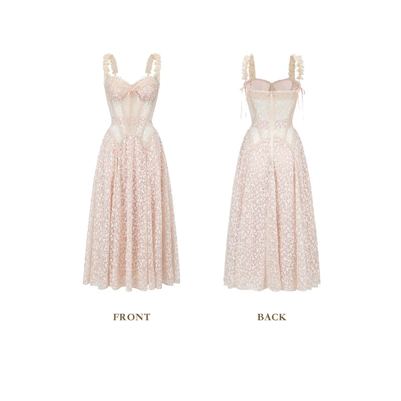 The Palais Floral Lace Midi | Long Sleeve Pleated Party Dress | French Palace A-Line Gown | Parisian Princess