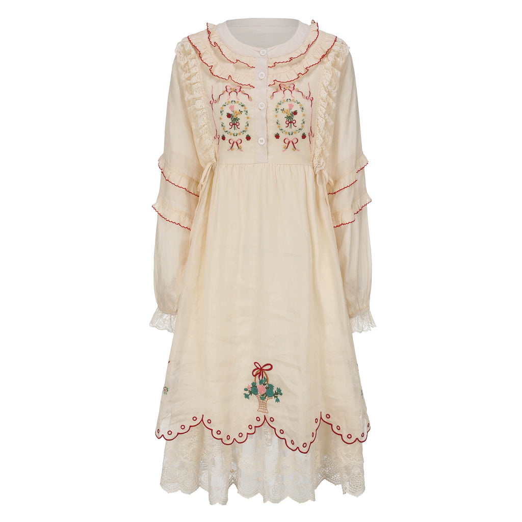 The Antique Botanical Tea Dress | French Forest Girl Embroidery Gown | Loose Fit Cotton-Ramie Jute Aesthetic Midi | Parisian Princess