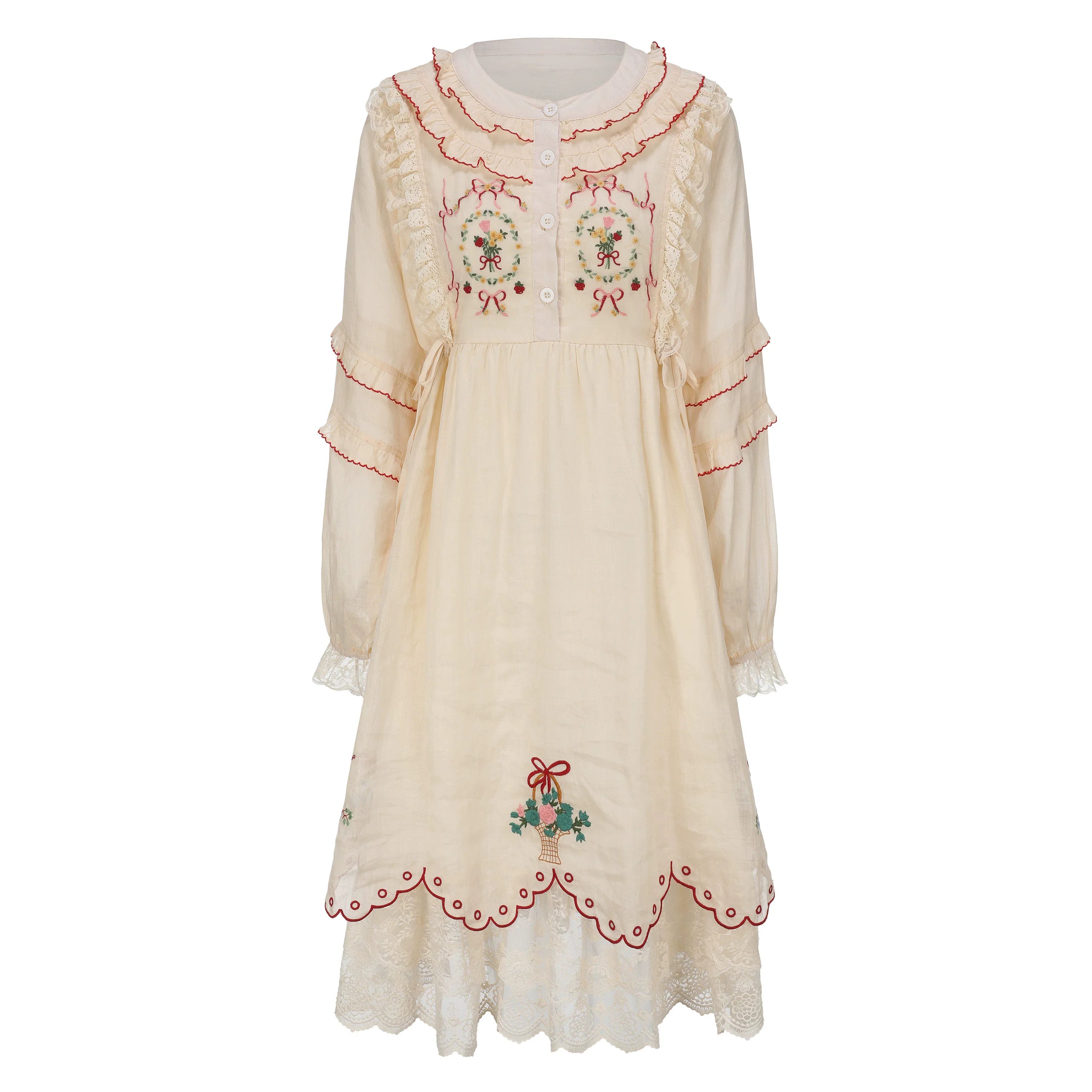The Antique Botanical Tea Dress | French Forest Girl Embroidery Gown | Loose Fit Cotton-Ramie Jute Aesthetic Midi | Parisian Princess
