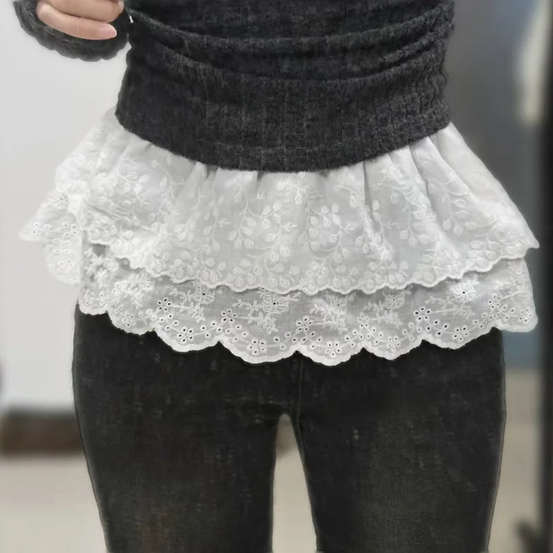 Lace Mini Skirts Women Elegant Sweet Lolita Short Skirts High Waist Ruffle Skirts Lace Trim Butt Curtain Skirt