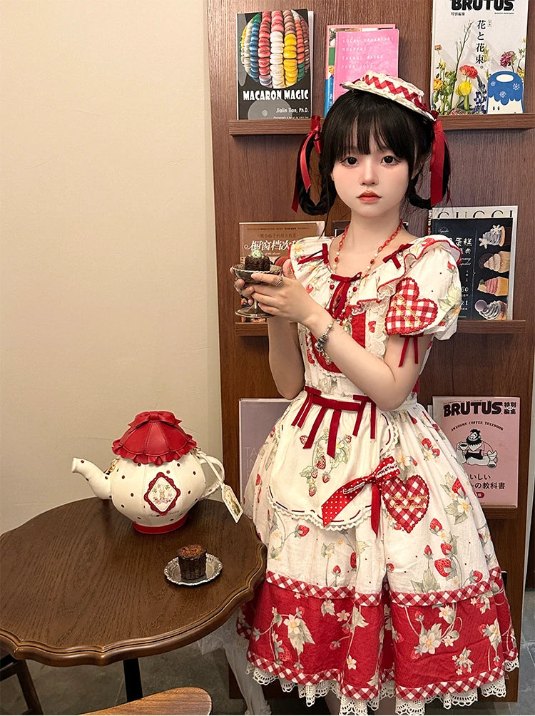 Parisian Cottagecore Original Strawberry Embroidery Cute Apron Soft Girl Sweet Lolita Dress Versatile Apron Women's Y2k Accessories