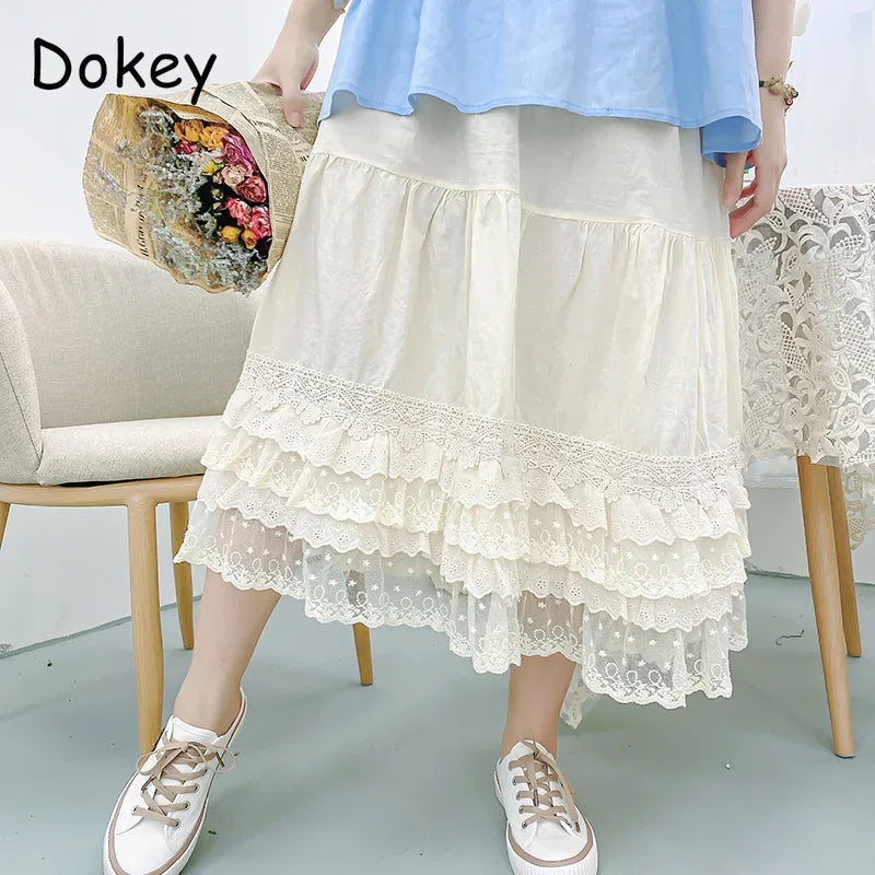 The Madeleine Lace Ruffle Skirt | Vintage French Cotton Linen Cake Skirt | High-Waist Lolita A-Line Petticoat | Parisian Princess
