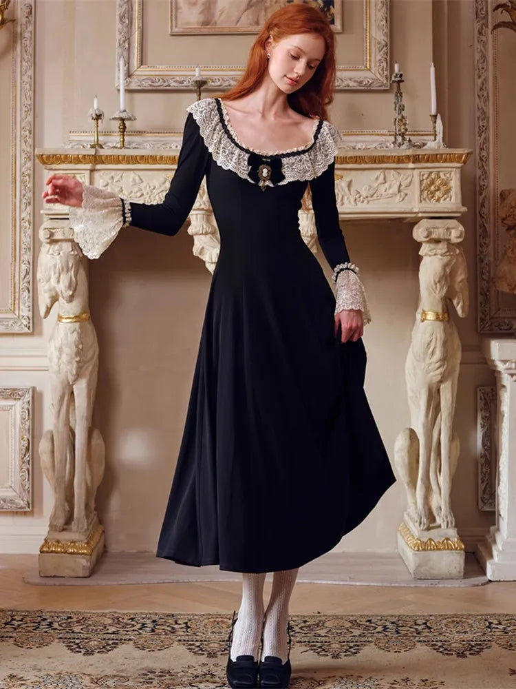 88-102cm Bust Spring Fall Black Dresses For Women Vintage Elegant Slim Lace Collar Flare Sleeve Elastic Knitted Long Dresses