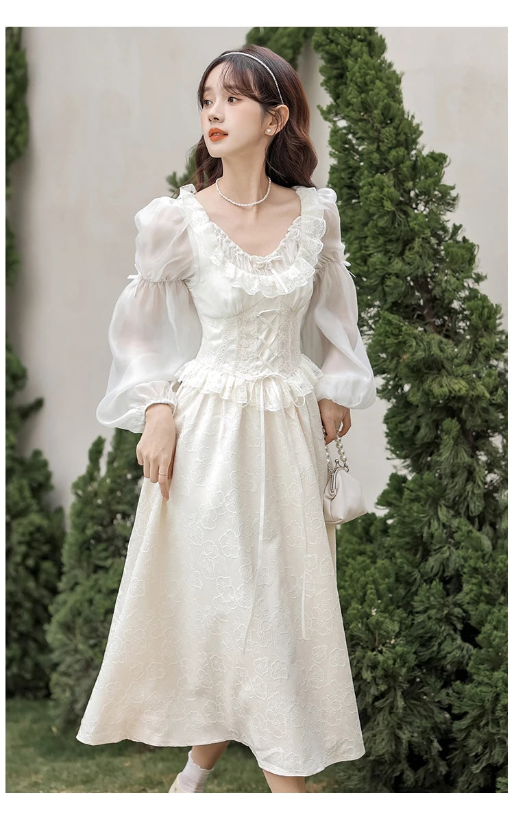 French Fairy Lantern Sleeve Midi Dress for Women Summer Elegant Retro Slim Sweet Party One Piece Dress Korean Casual Clothes