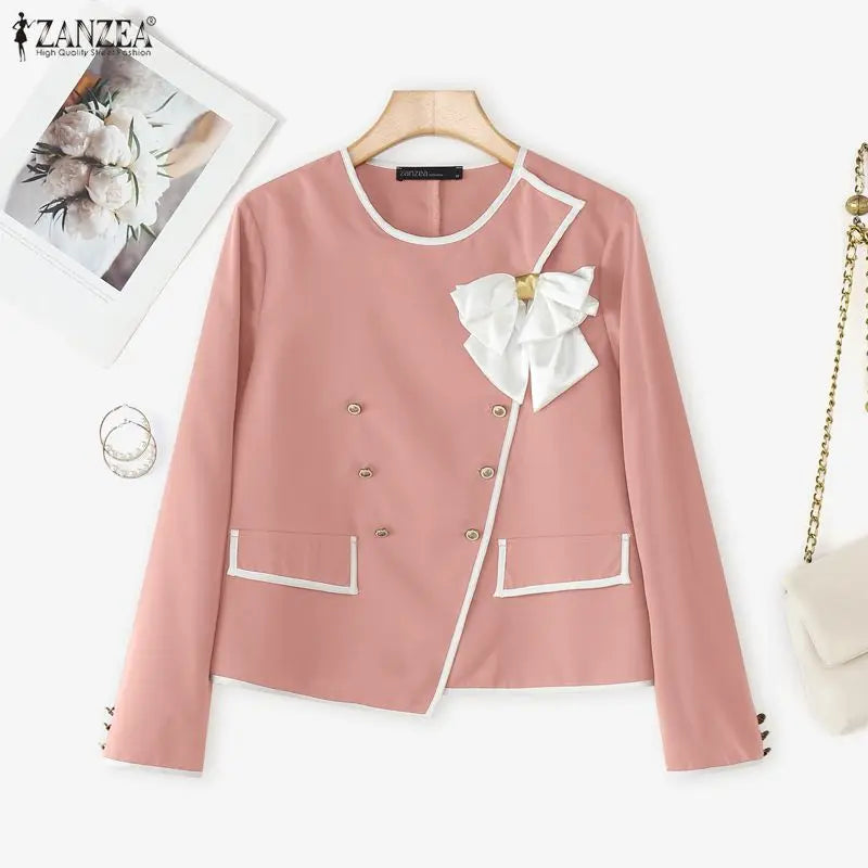 Parisian Elegant Blazer Double Breasted Long Sleeve Coats Women Fashion Bow Office Outerwear 2025 Casual Street Jackerts