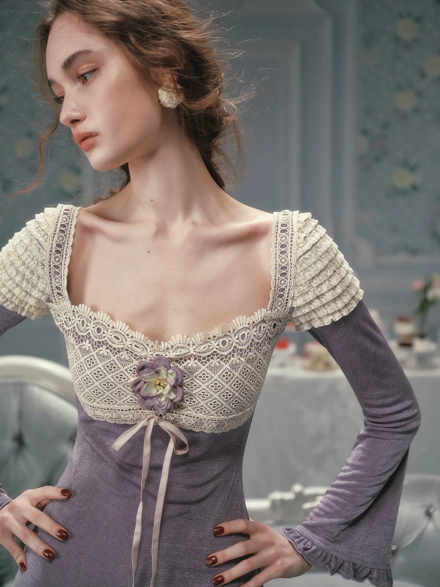 The Versailles Velvet-Knit Midi | Vintage Elegant Slim Lace Collar Gown | Imperial Purple Long Sleeve Fit & Flare | Parisian Princess