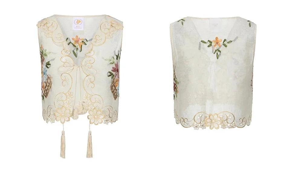 The Trianon Embroidered Vest | French Cotton Floral Waistcoat | Vintage Botanical Tassel Gilet | Parisian Princess