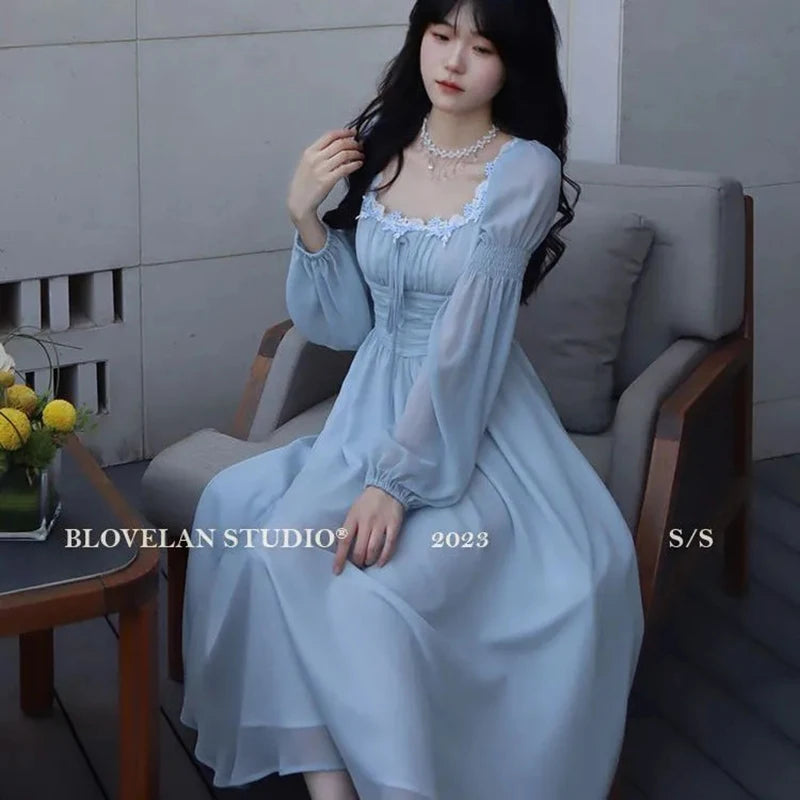 Sweet Sexy Chiffon Dress Women Fashion Slim Elegant French Dress Breathable Long Sleeve Beach Hoiliday Party Vestidos