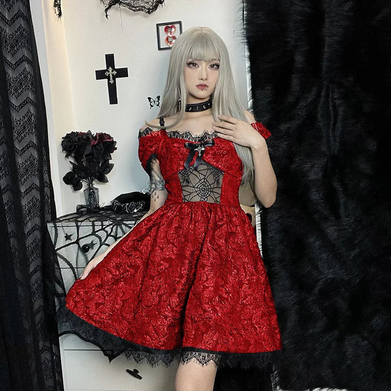 Gothica Lace Short Dress Women Cobweb Patchwork Short Sleeve Cold Shoulder Halloween Outfit Horror Ruffle Trim Costume