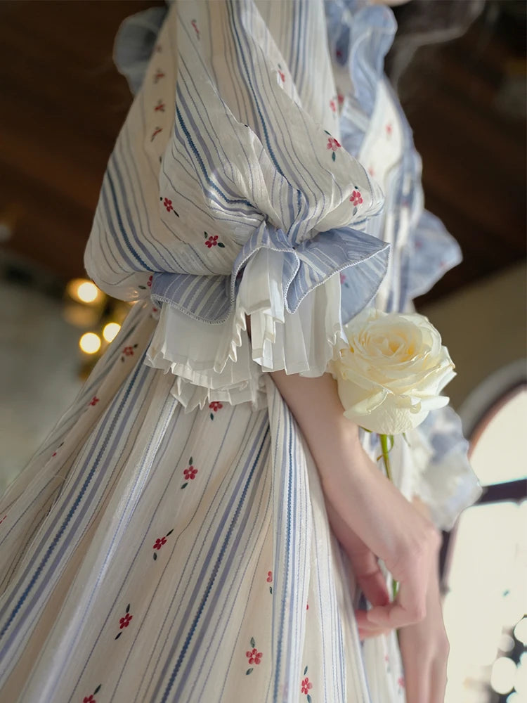 Parisian Long Dresses For Women French Vintage Elegant Slim Luxury Jacquard Print Striped  Lantern Sleeve Dress