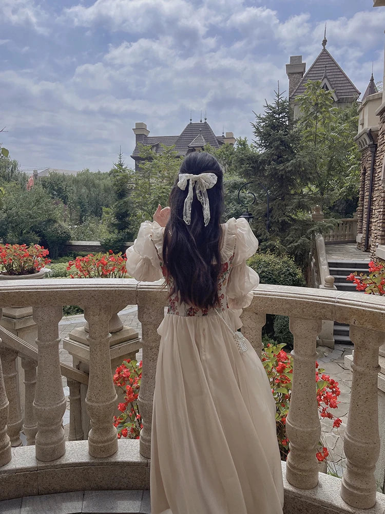 The Trianon Fairy Midi | Vintage Floral Puff Sleeve Prom Dress | Elegant Luxury Print Summer Gown | Parisian Princess