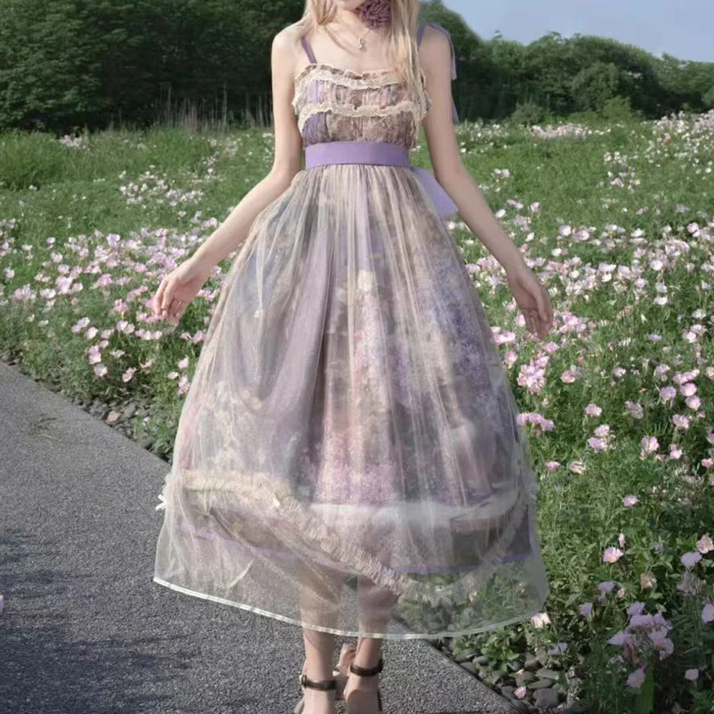 The Lavender Fields Oil Painting Bow Gown: A Parisian Masterpiece | Original Art Print Dress | Parisian Princess