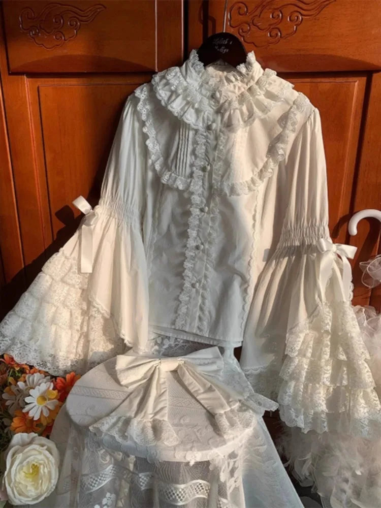 French Parisian Cute Lolita Flare Sleeve Shirt Parisian Aesthetic Lace Patchwork Blouse Tops Women JK Sweet Loose Blusas