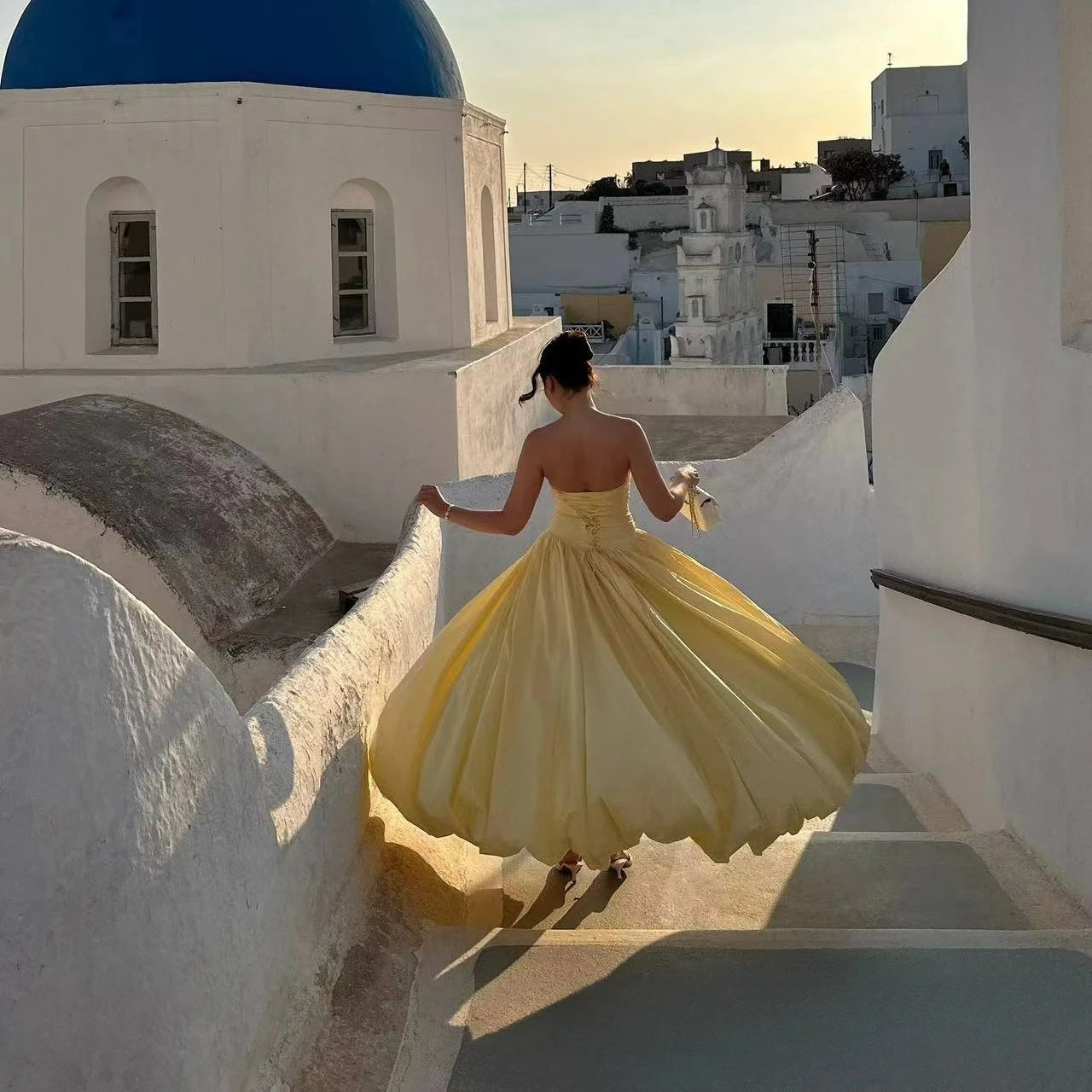 The Trianon Lemon Gown | French Temperament Irregular Lace Pendulum Dress | Yellow Tube Top High-Waist Fit & Flare Maxi | Parisian Princess