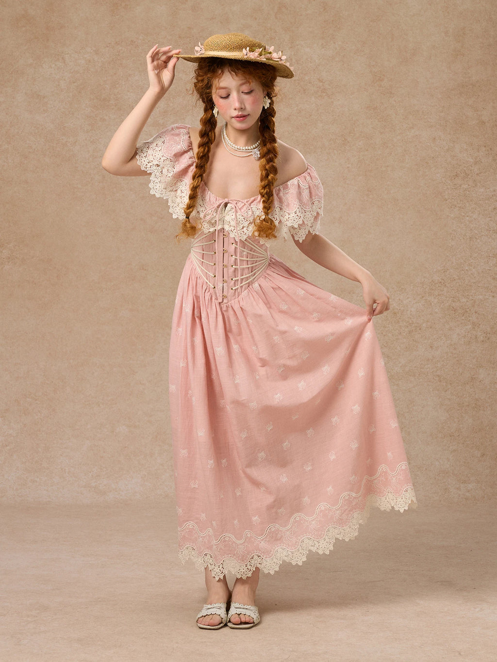 80-102cmSummer Pink Birthday Party Long Dress Women Vintage ElegantSlim Sexy Boat Neck Hollow Out Embroidery Lace Fishbone Dress