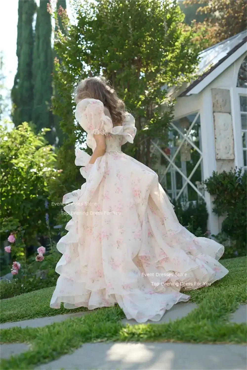The Roseraie Garden Gown | Exquisite Pink Floral Evening Dress | Puff Strap Tiered Layered Prom Gown | Parisian Princess