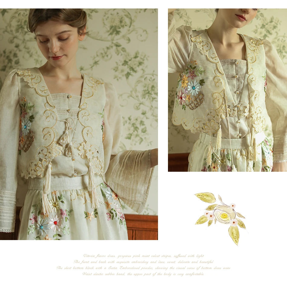 The Antoinette Tassel Embroidery Vest | French Antique Floral Cotton Gilet | Open-Stitch V-Neck | Parisian Princess