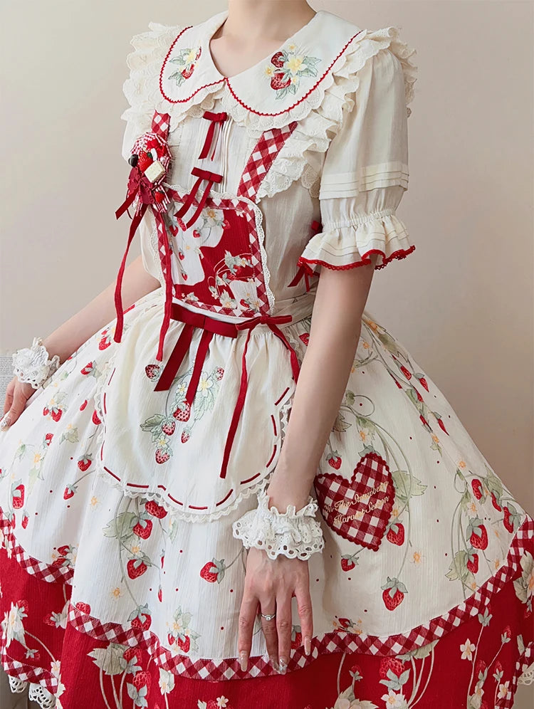 Parisian Cottagecore Original Strawberry Embroidery Cute Apron Soft Girl Sweet Lolita Dress Versatile Apron Women's Y2k Accessories