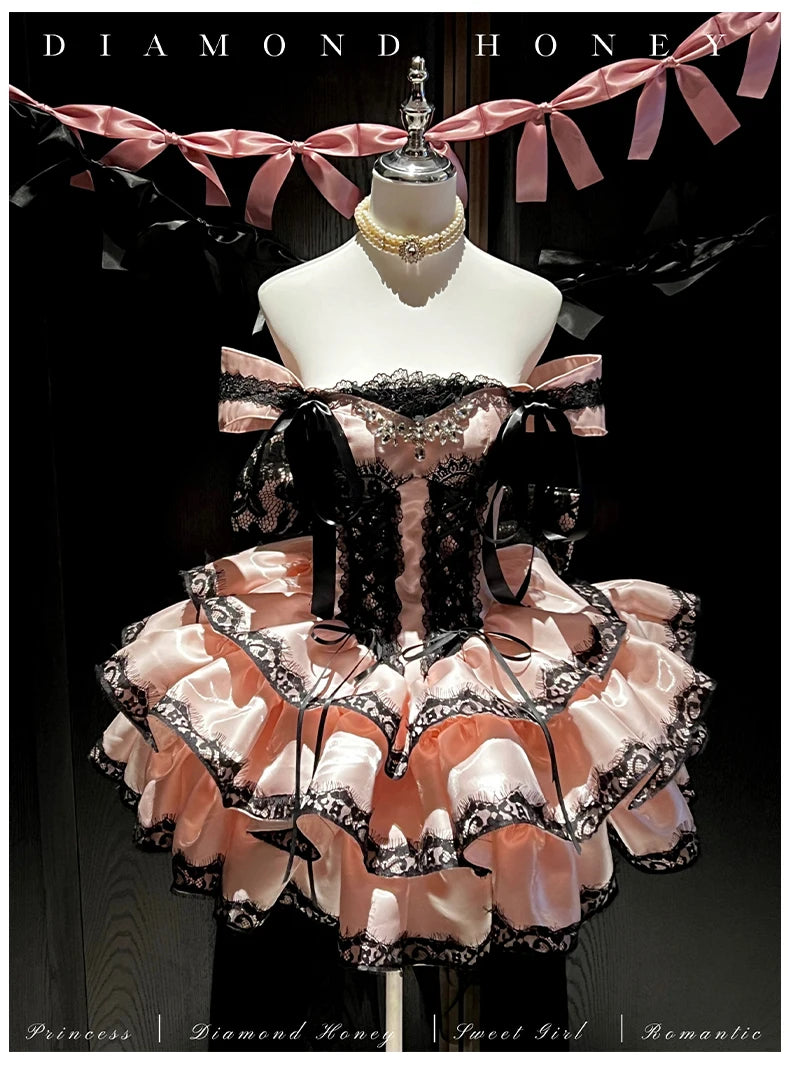 Princess Romantic Date Anniversary Wedding Party Pink Dress Girls Women's Sweet Lolita Halter Off-Shoulder Ball Gown Dresses