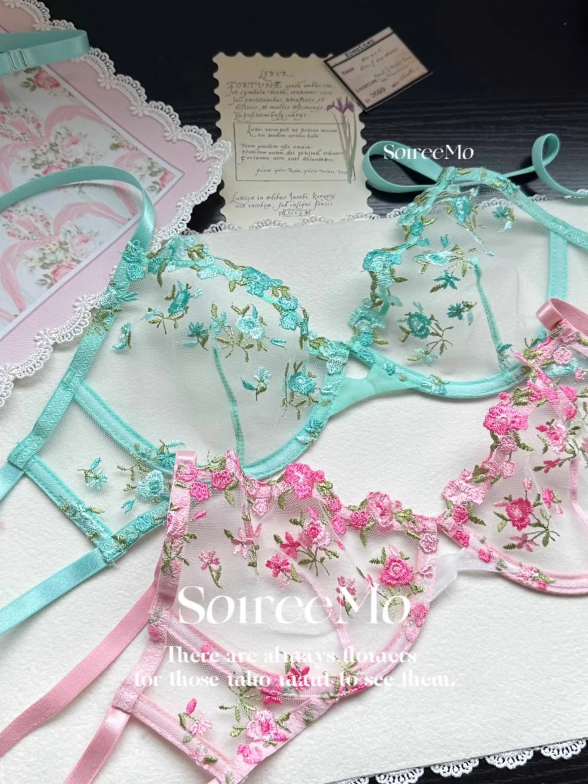 Parisian French Lingerie Set Sheer Tulle, Pink Floral Embroidery Bra Bralette, Sexy Pure Matching Set BANERDANNI Sexy Tushy Bras