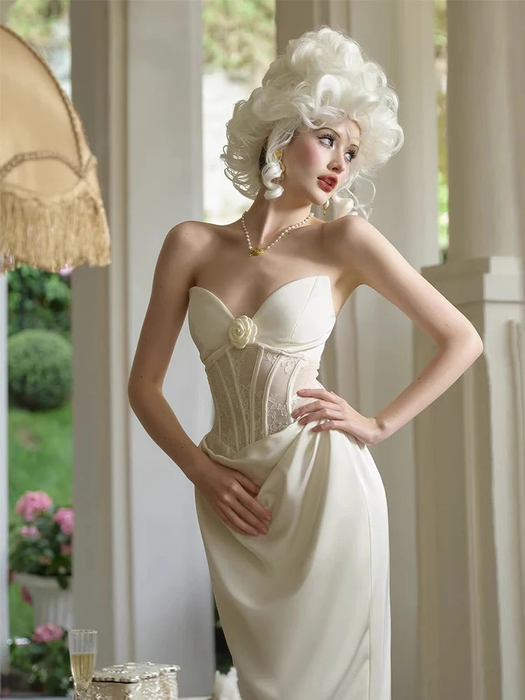 The Palais Satin Corset Gown | White Lace Hollow-Out Split Dress | Backless Coquette Party Maxi | Parisian Princess