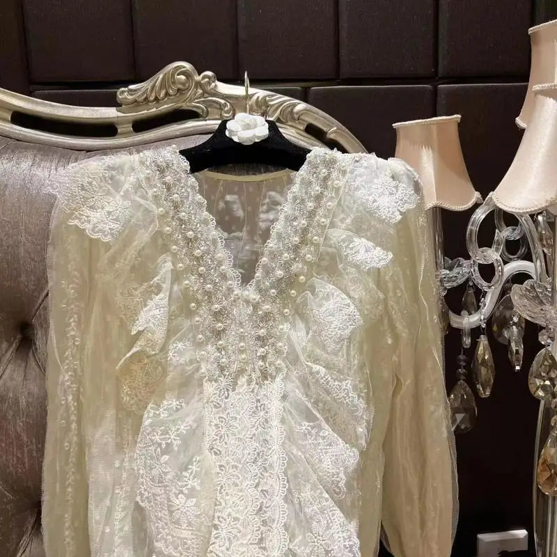 Beading Embroidery Lace Blouse | Lolita Elegant Puff Sleeve Shirt | French Chic V-Neck Spring Top | Parisian Princess