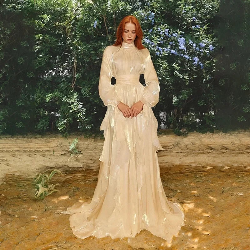 Court Style Pure Color Stand Collar Long Dress Women's Summer Ball Gown with Lace Trim Full Sleeve Cotton Maxi Dress