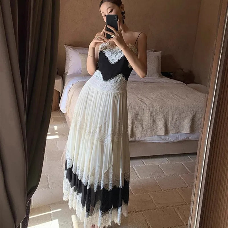 The Midnight Shore Gown | Gothica Summer Holiday Suspenders Dress | Backless Lace Patchwork Vacation Sling | Parisian Princess