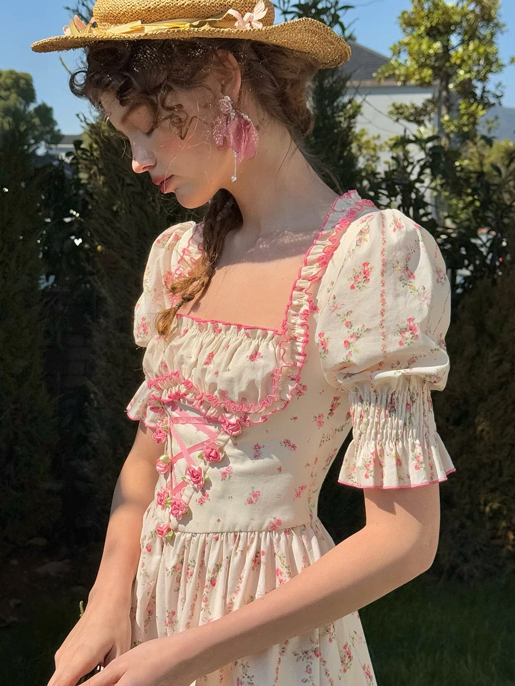 The Giverny Floral Cotton Gown | Square Neck Puff Sleeve Midi | French Countryside Prairie Dress | Parisian Princess