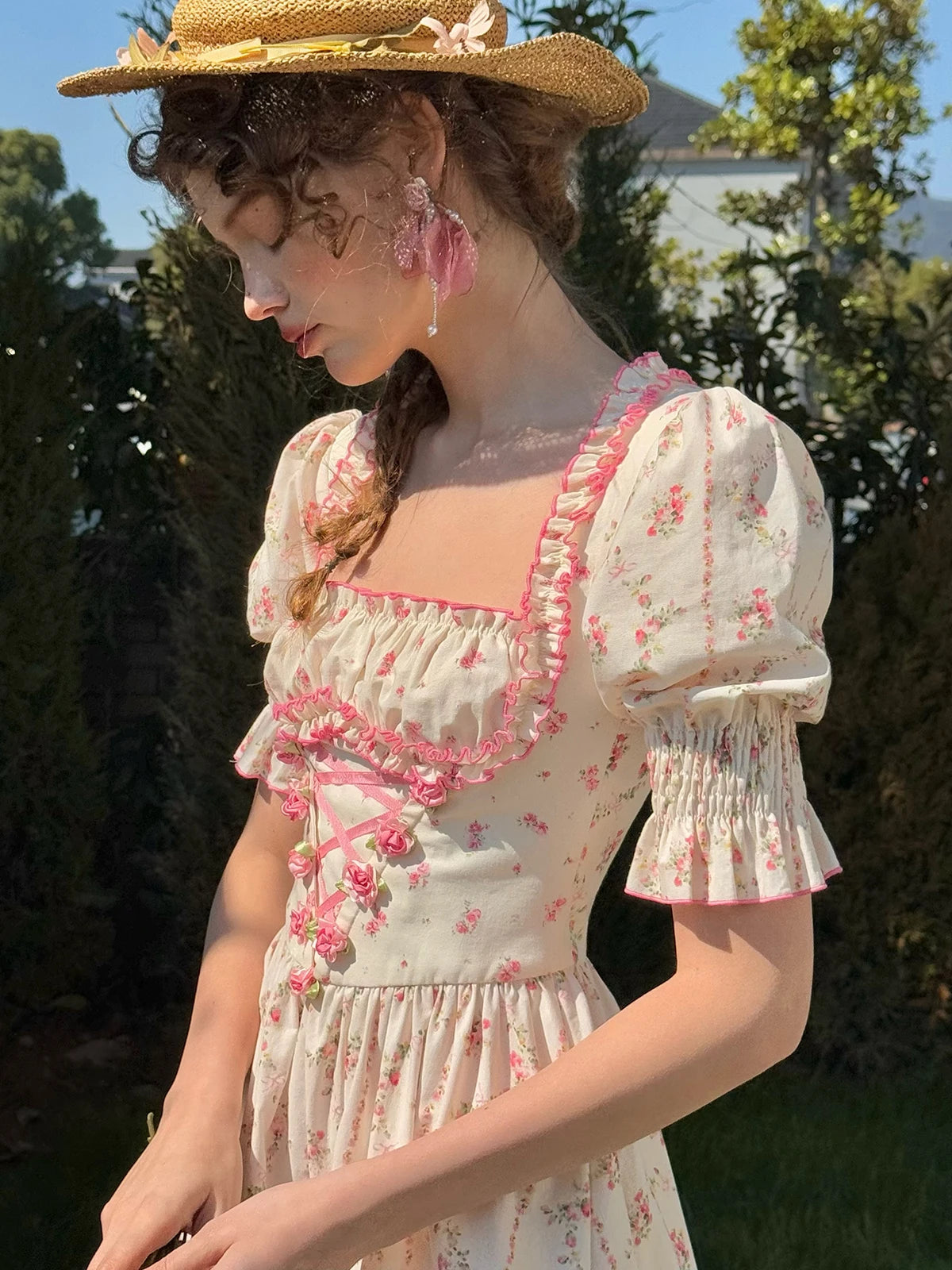 The Giverny Floral Cotton Gown | Square Neck Puff Sleeve Midi | French Countryside Prairie Dress | Parisian Princess