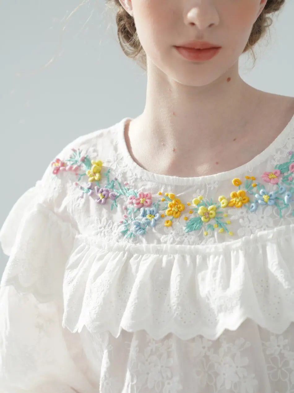 The Summer Floral Breeze Blouse | 100% Cotton Oversized White Top | Handmade 3D Embroidered Loose Lace Top | Parisian Princess