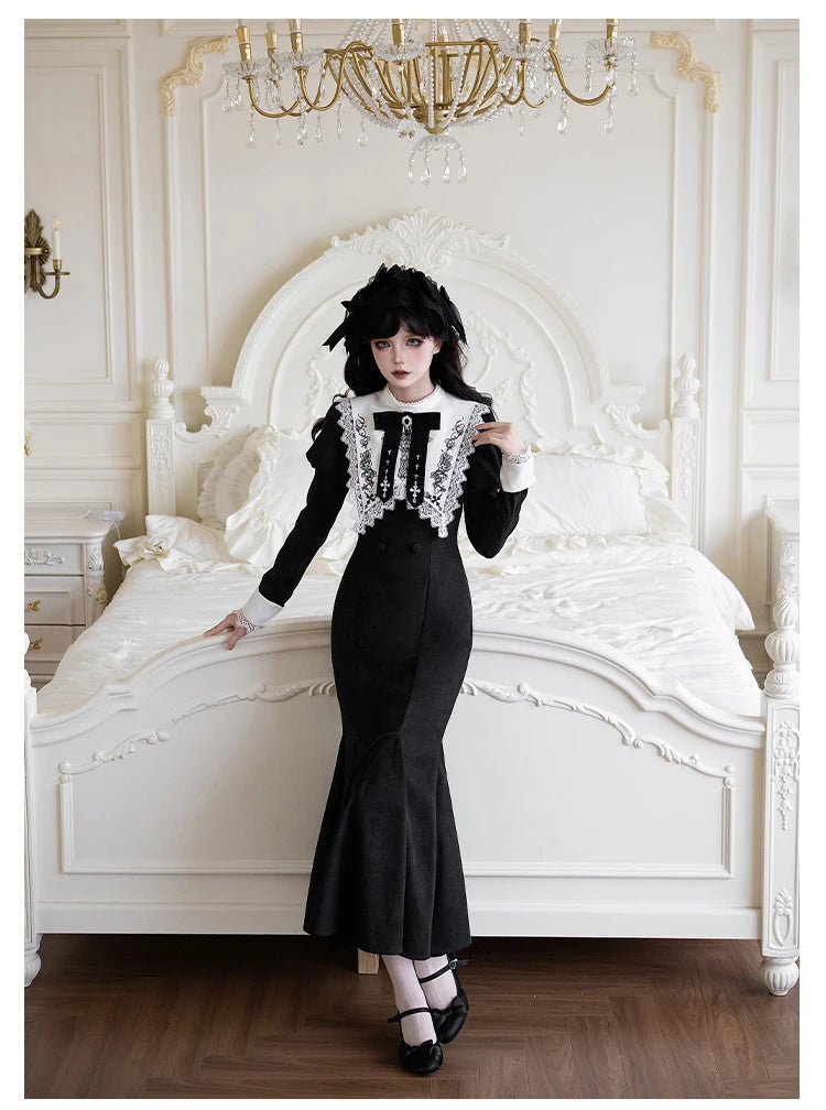 Original French Elegant Court Black Long Mermaid Dresses Op Autumn New Women's Slim Fit Lolita Long Sleeve Dress Gothic Dresses